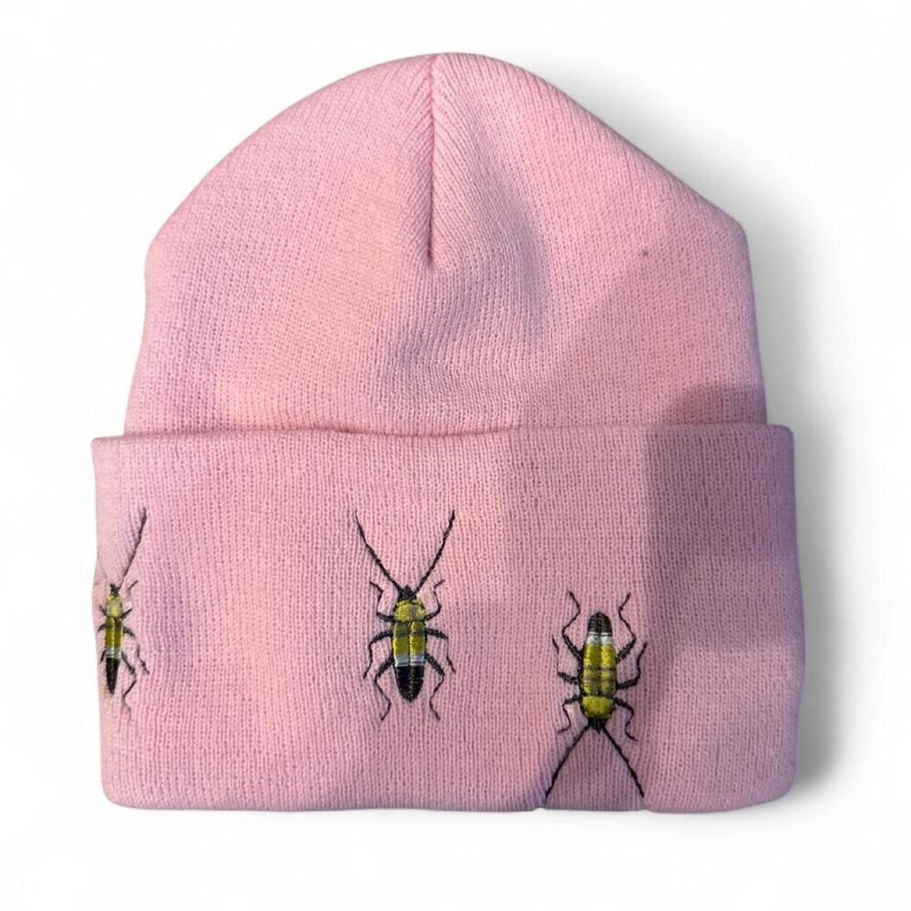 Pastel Pink Beanie Embroidered Bug Beetles Indie Sleaze Whimsical Quirky Cozy